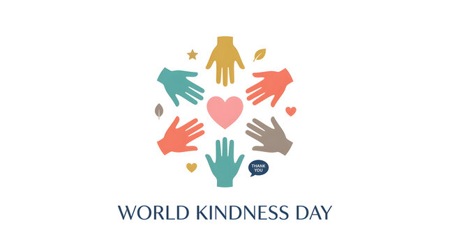 Circle of diverse hands around a heart for world kindness day with heart shape human connection thank you