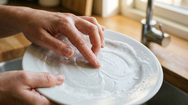 Hand washing a dirty plate with suds in a kitchen sink