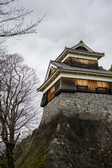 Traditional Japanese castle turret on stone wall with bare winter trees under overcast sky © 肥後　米男
