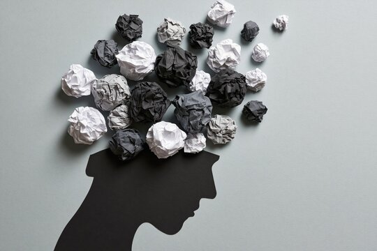 Stress and burnout concept with a crumpled paper brain silhouette representing mental psychology