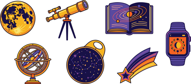 Astronomy and space vector element set featuring a full moon, telescope, astrology book, armillary sphere, star chart, and smartwatch