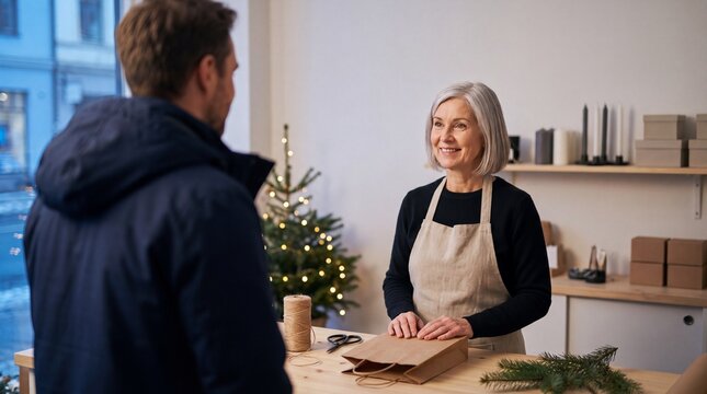 Verk&auml;uferin l&auml;chelt einen Kunden im weihnachtlichen Geschenkeladen an