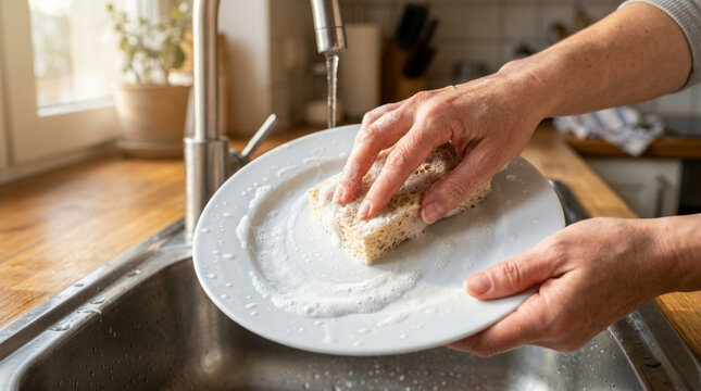 Hand washing dishes with sponge and running water in kitchen sink