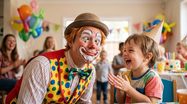Friendly Birthday Clown Entertaining Happy Kids at Birthday Party