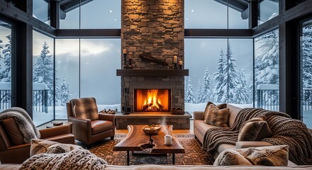 Naklejka premium Living room featuring a large stone fireplace and panoramic snowy mountain views.