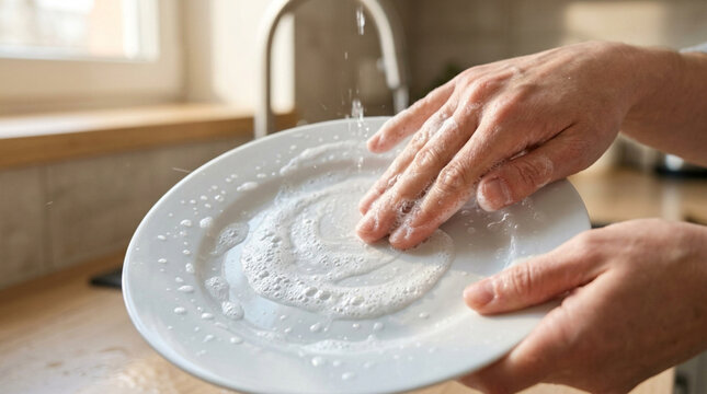 Hand washing plate with soap and water in kitchen sink