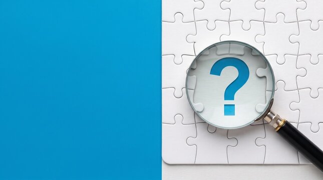 Magnifying Glass Focusing on a Blue Question Mark Over White Jigsaw Puzzle Pieces on Blue Background