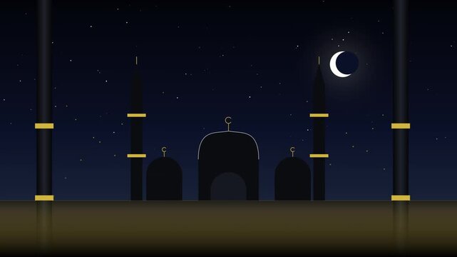 Islamic mosque at night with crescent moon and stars, minimalist animation, religious background for Ramadan or Eid celebrations footage.