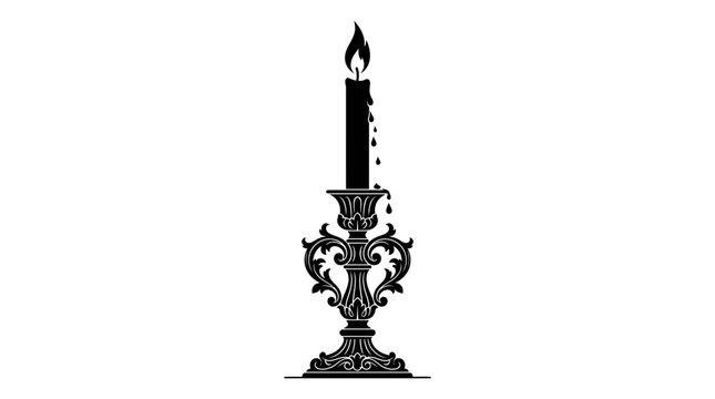 Ornate Vintage Candlestick with Burning Candle Vector Illustration