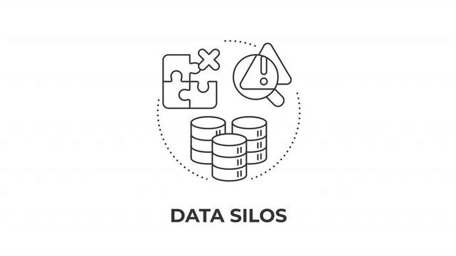 Data silos animated line concept icon. Information accessibility bottleneck issues. Incompatible software integration. Flat linear graphic motion. Minimalist black outline animation