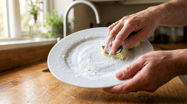 Hand Washing Plate with Soap Suds in Kitchen Sink