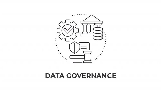 Data governance animated line concept icon. Strategic data compliance frameworks. Centralized metadata management systems. Flat linear graphic motion. Minimalist black outline animation