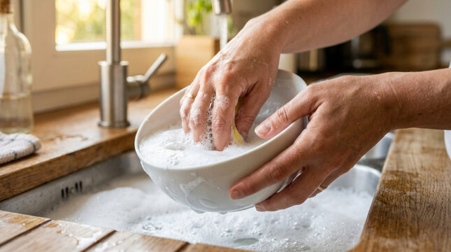 Hands washing a bowl with soap and water in a kitchen sink