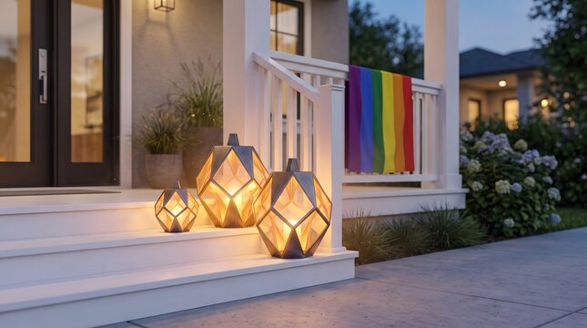Moderne Veranda Mit Moderne Laternen Und Regenbogenflagge Bei D&auml;mmerung Kommerzielle Nutzung