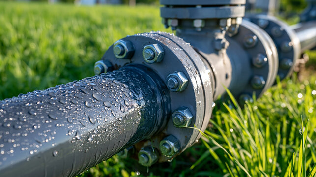 Photo close-up macro of interconnected steel pipe flanges with visible bolts, fresh dew droplets clinging to the metal surfaces, natural oxidation and restrained paint wear, soft green field rendere