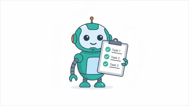 Cute cartoon robot nodding with a completed task checklist on white background
