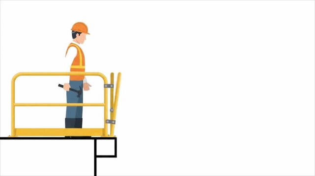 Construction worker walking with a hammer on a white background