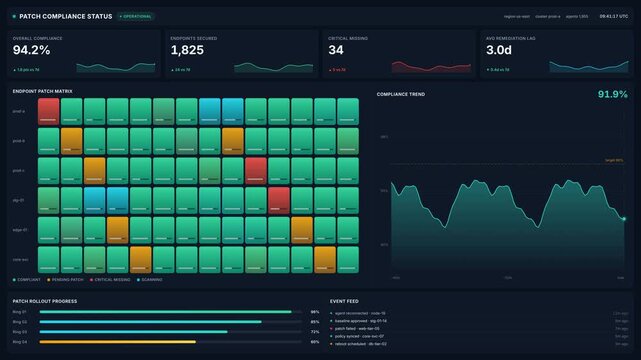 Patch compliance status dashboard for security metrics endpoint matrix in 4k resolution, for data analytics, risk management, threat detection, software update monitoring