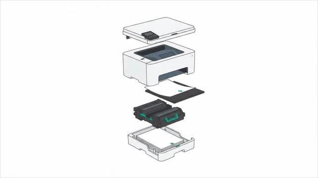 Exploded view of a laser printer showing internal components and paper tray