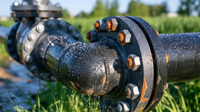 Photo macro of bolted steel pipe flanges and industrial fittings covered with delicate morning dew droplets, subtle rust around bolt heads and edges, small areas of worn protective paint, blurred gr