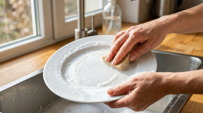 Hands washing a dirty plate with soap and sponge in kitchen sink.
