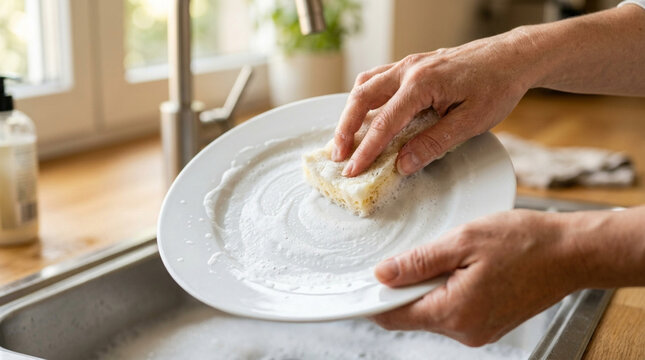 Hands washing a dirty plate with a sponge in a soapy kitchen sink