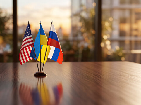 small desktop flags of the usa ukraine and russia stand on a wooden table in an office room symbolizing international negotiations diplomacy politics and global cooperation