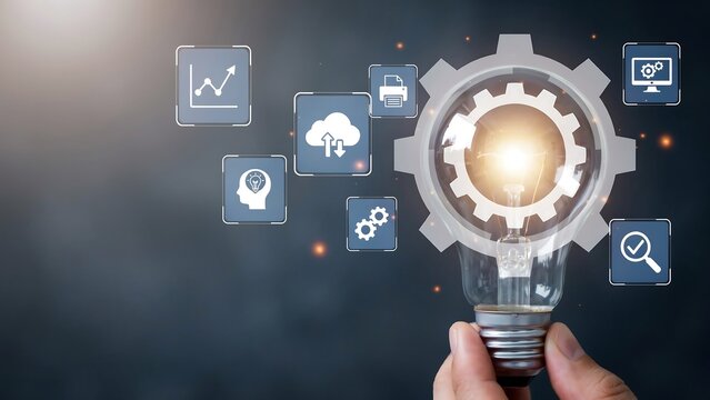 Business Innovation and Digital Transformation Concept with Light Bulb, Gear and Technology Icons