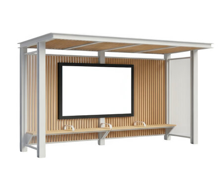 Modern bus stop with blank billboard. Empty city shelter for outdoor advertising display.