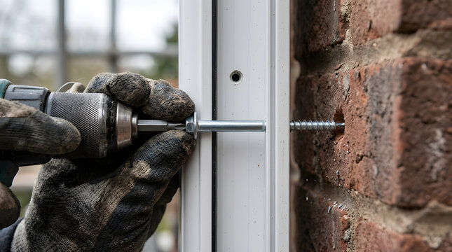 Professional worker wearing work gloves using a power drill and metal screw to install a new white uPVC window frame securely into a red brick exterior wall during home renovation construction