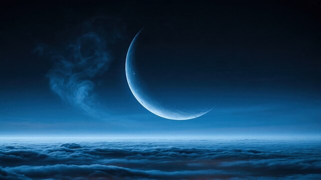 Crescent moon over a sea of clouds at night