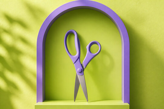 A pair of purple scissors is displayed inside a bright green, arched niche against a lime green wall.