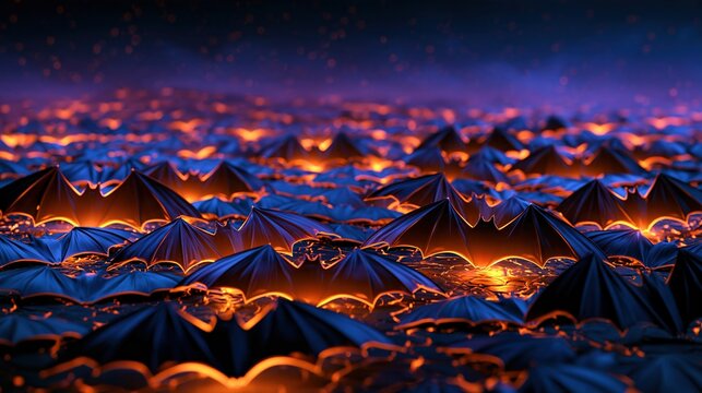 Dark Halloween scene with glowing bat shapes and orange light