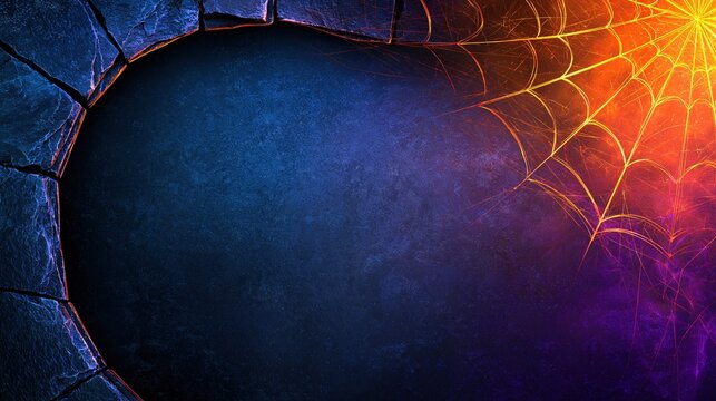 Dark abstract background with cracked stone and glowing spider web