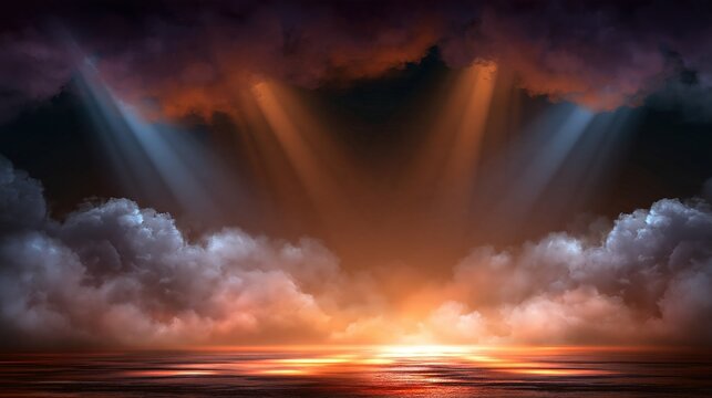 Dramatic clouds and light beams over a reflective surface