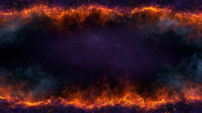 Fiery border with smoke and sparks on a dark textured background
