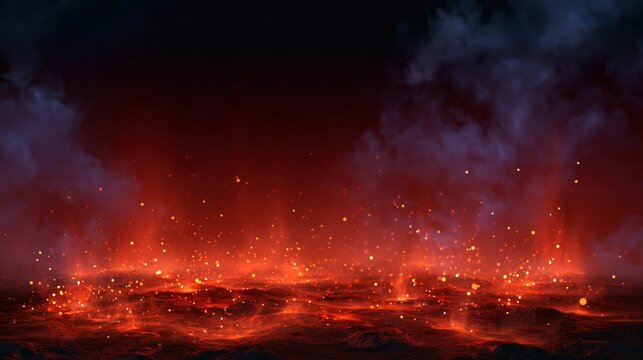Fiery landscape with glowing embers and smoke