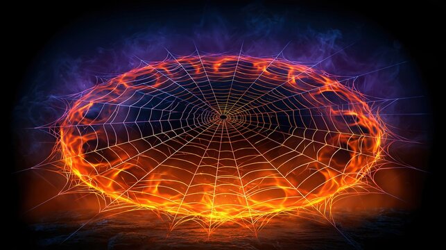 Fiery spider web with glowing embers and smoke