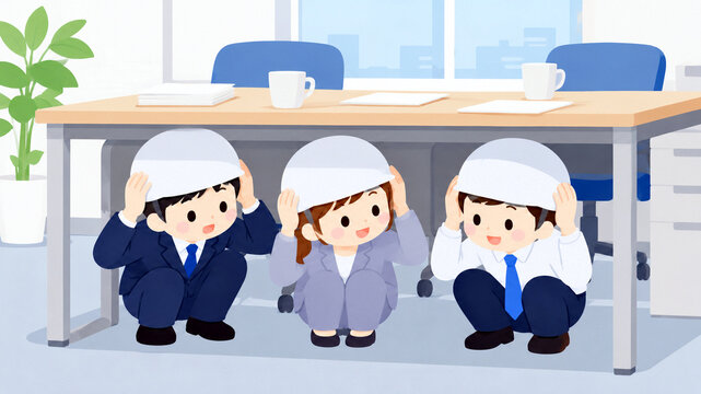 オフィスの防災訓練でヘルメットをかぶり机の下に避難する社員たちのイラスト
