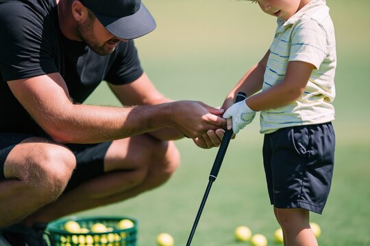 Father teaching young son to hold a golf club on the driving range, close up