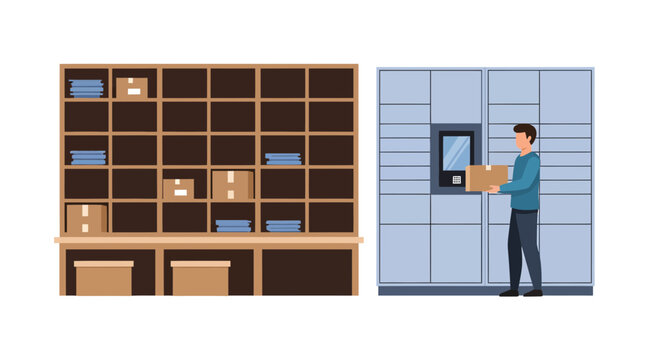 E-commerce Logistics Illustration of a Man Using an Automated Parcel Locker and Warehouse Shelving for Package Delivery and Storage
