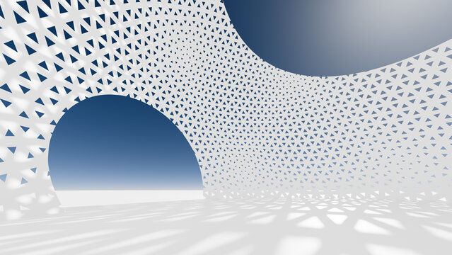 White parametric architecture mesh dome arch opening blue sky. Minimal curved lattice wall bright sunlight shadows presentation template, futuristic pavilion pavilion pavilion pavilion, 3d render