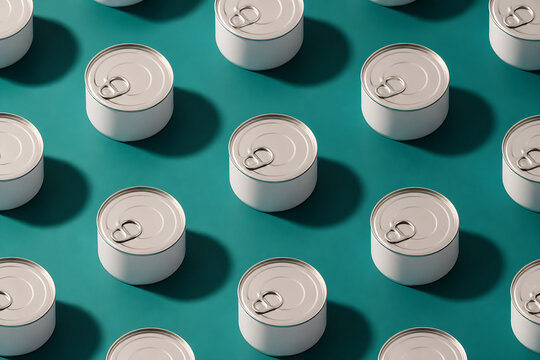 White and silver cylindrical cans are arranged in a repeating pattern on a teal surface.