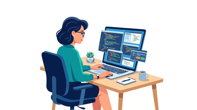 Female Software Engineer Coding on Laptop with Floating Windows, Flat Vector Illustration of Woman Developer Working at Desk Isolated on White