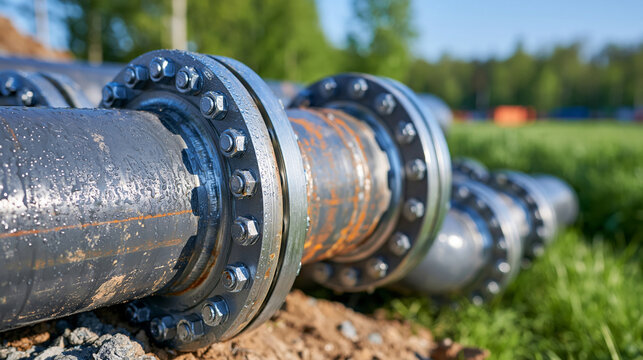 Detailed macro photograph of heavy-duty steel pipe fittings and bolted flanges resting outdoors, tiny morning dew beads highlighting scratched paint and subtle rust patches, lush green field softly 