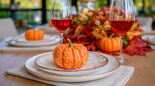 Elegant Thanksgiving table decorated with neutral linen napkins, ceramic plates, small pumpkins, dried flowers and autumn leaves, composition shifted to the right leaving clean copy space on the lef