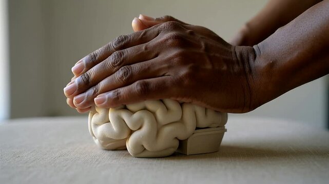 Lowering hands with bare arms pressing beige brain model on fabric table in quiet room, stabilizing