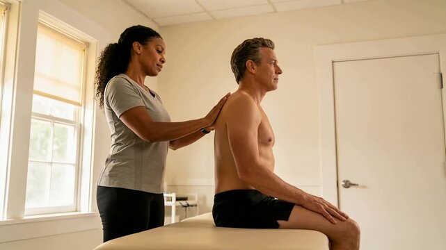 Placing hands clinician assessing man in black shorts on exam table in clinic, mobilizing shoulders