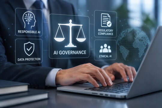AI governance and regulatory compliance system responsible AI data protection ethical AI scales of justice icon businessman typing on computer keyboard for corporate compliance and policy management