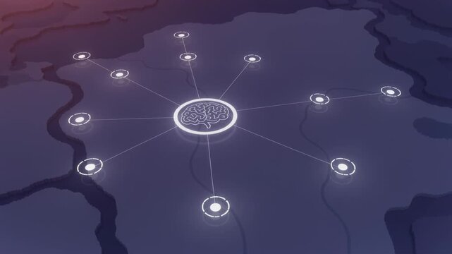 Pulsing central brain disc emitting concentric rings over map, linking nodes, signaling data flow